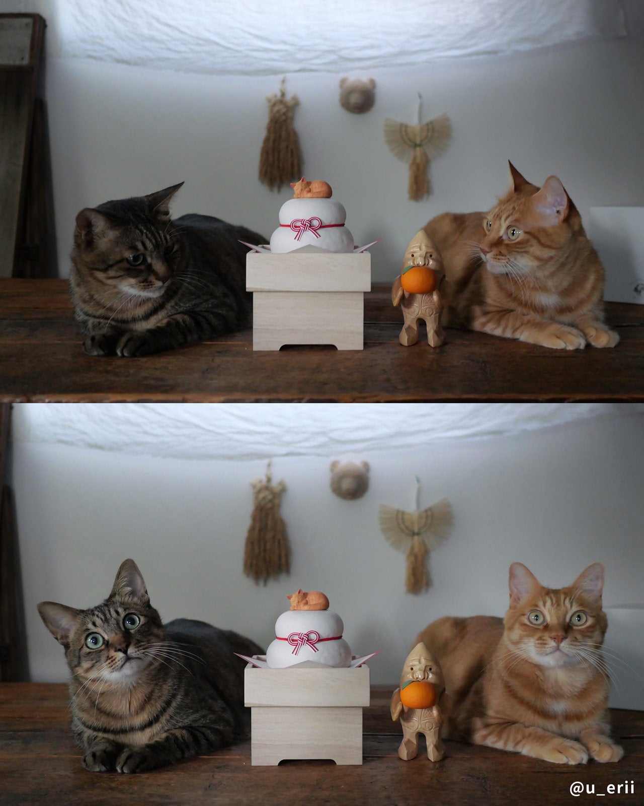 ねこくら 木彫りの鏡餅 木製 猫ののった鏡餅